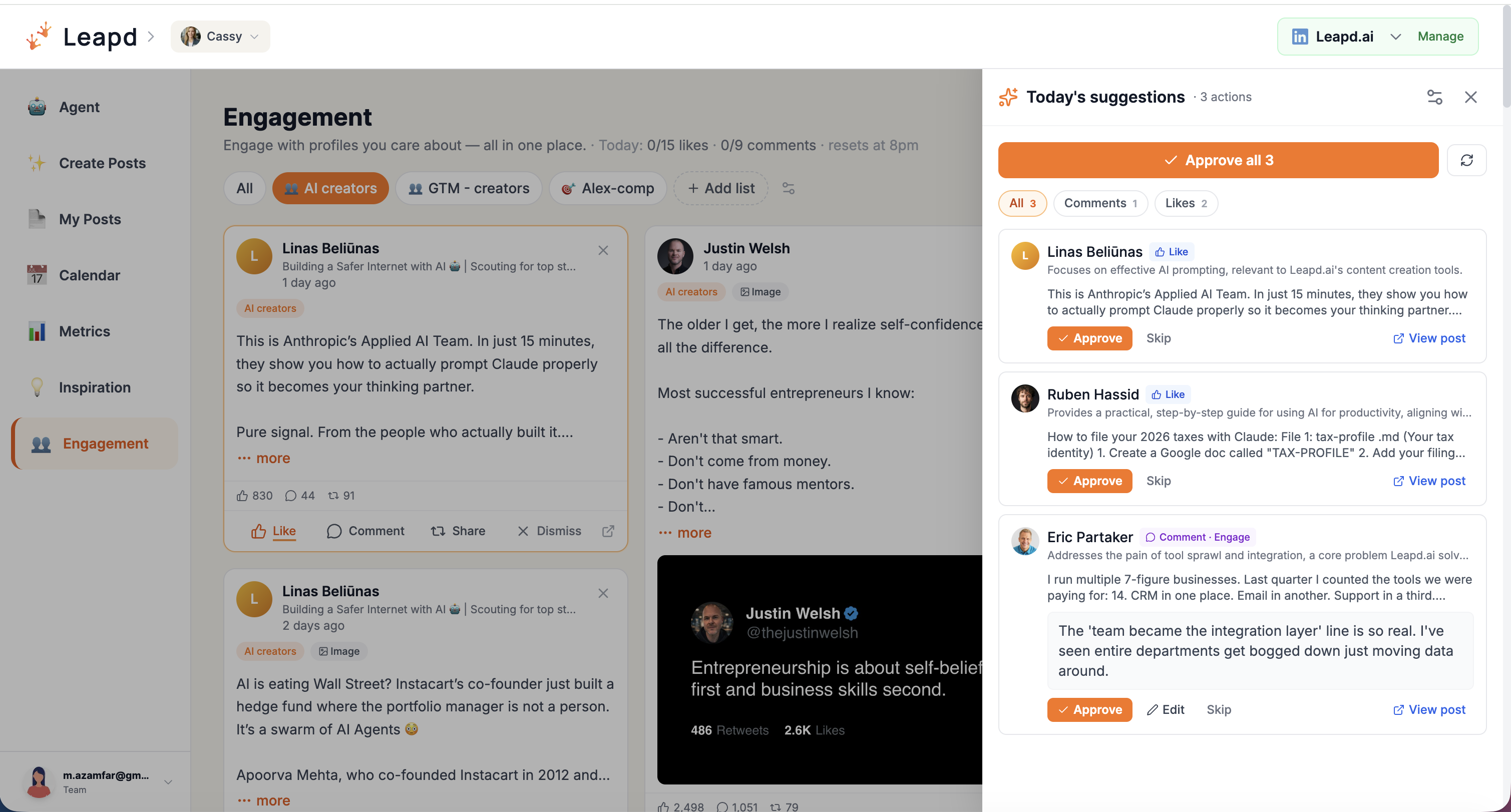 Cassy engagement panel — track profiles and topics, AI-drafted comments, bulk approval