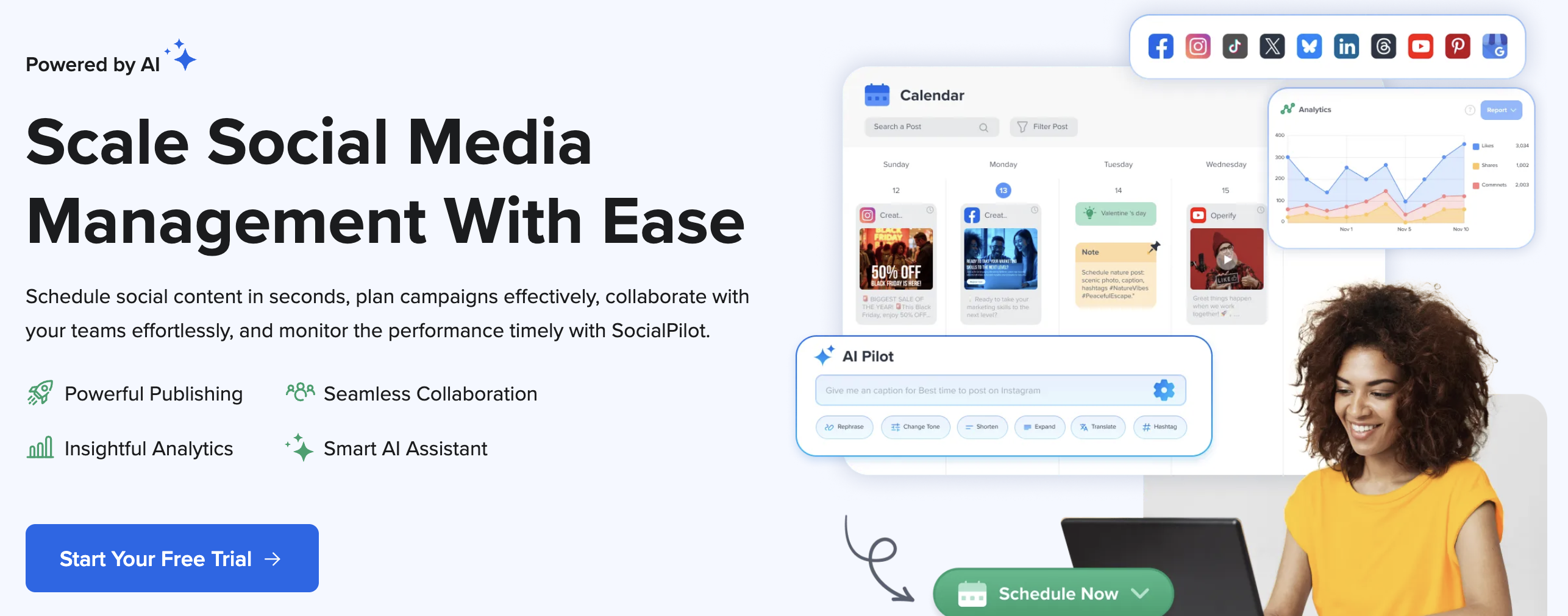 SocialPilot multi-network social media scheduling dashboard