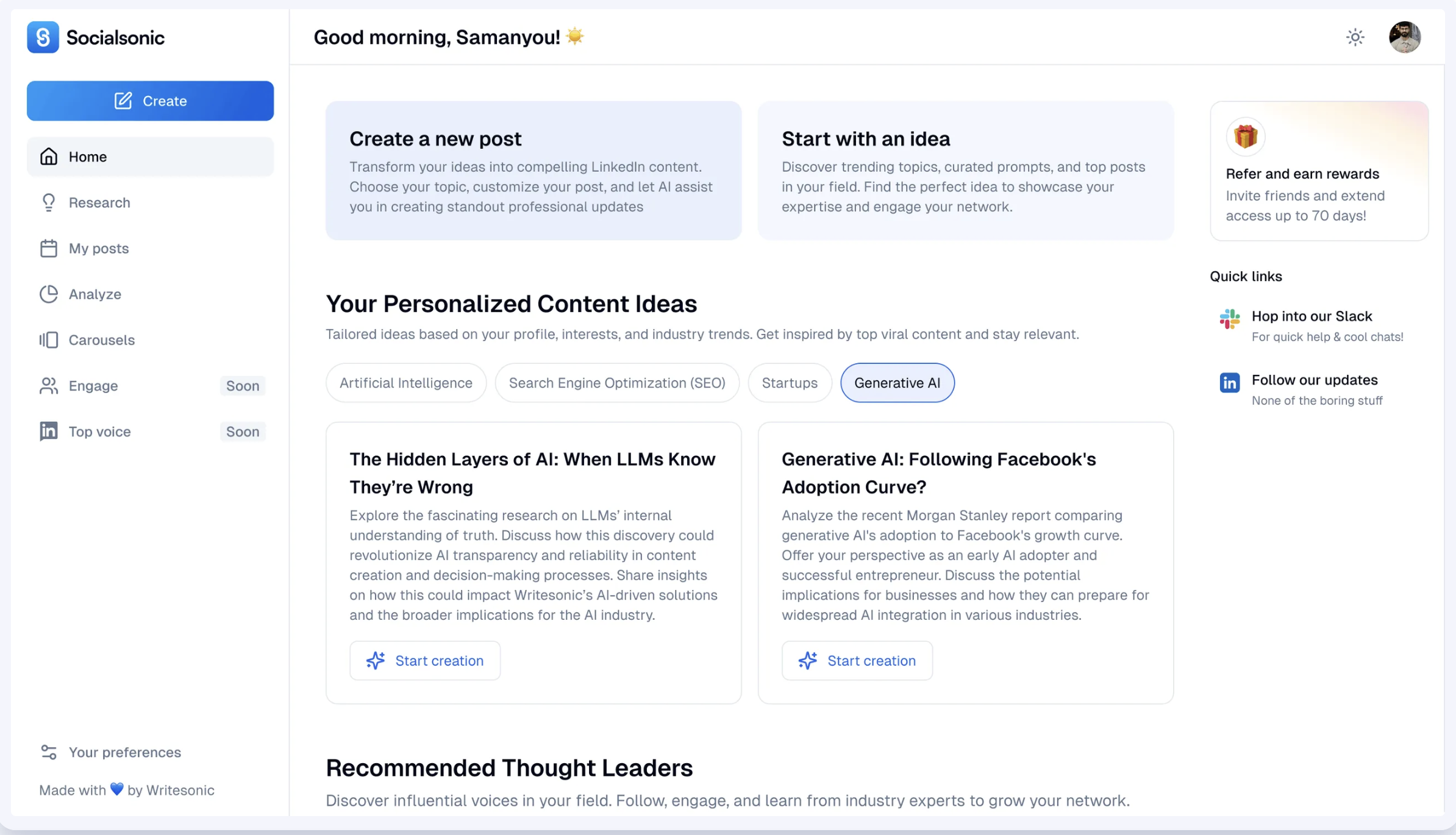 SocialSonic LinkedIn AI post generator with trend discovery