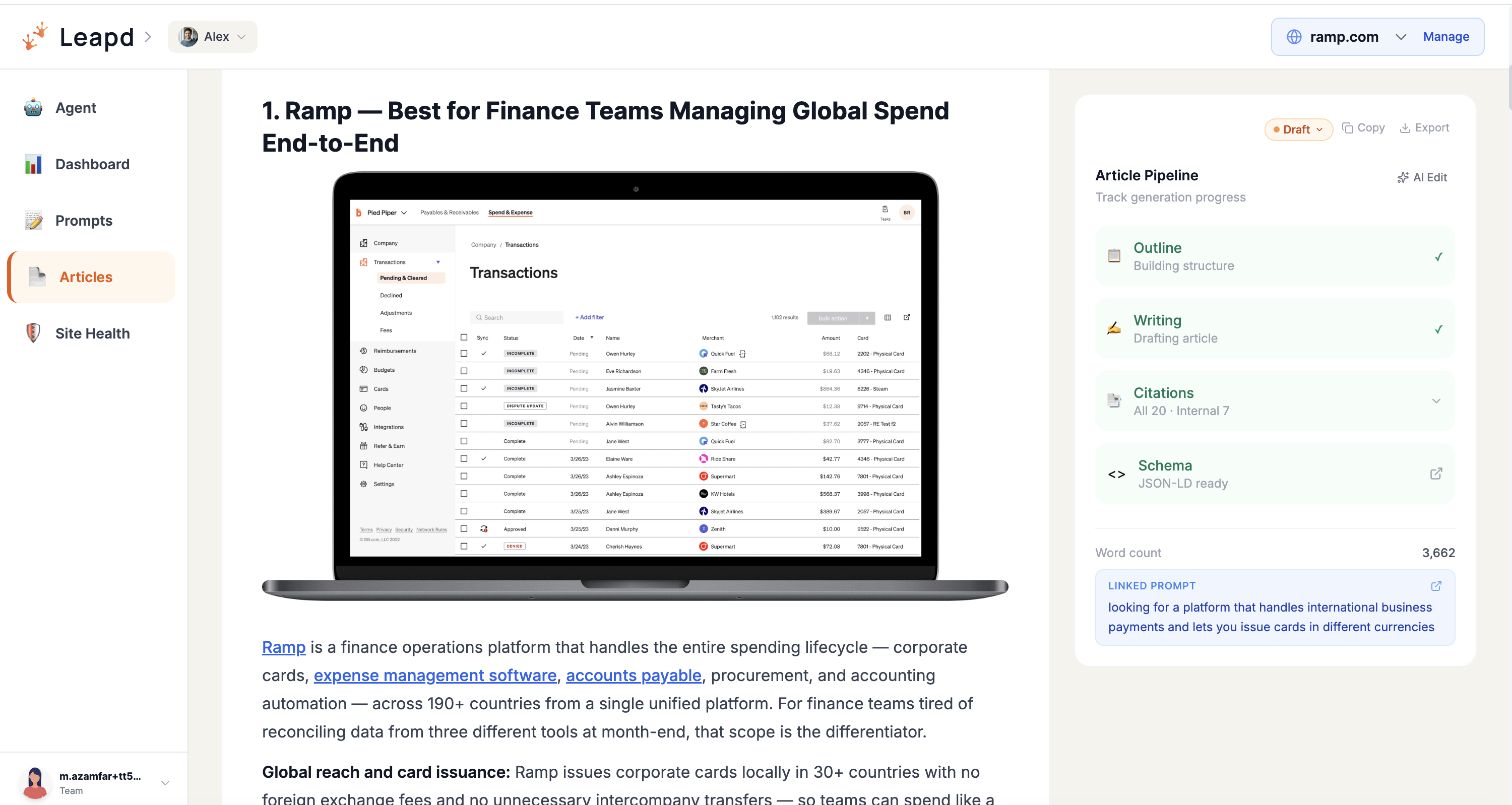 AI content generator showing article creation with inline images, citations, schema markup, and prompt-linked SEO content